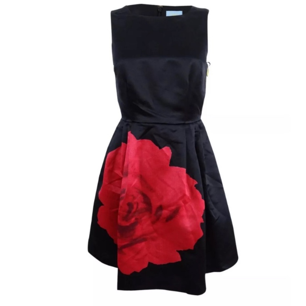 Cece by Cynthia Steffe Black Satin Red Rose Fit and Flare Cocktail Dress